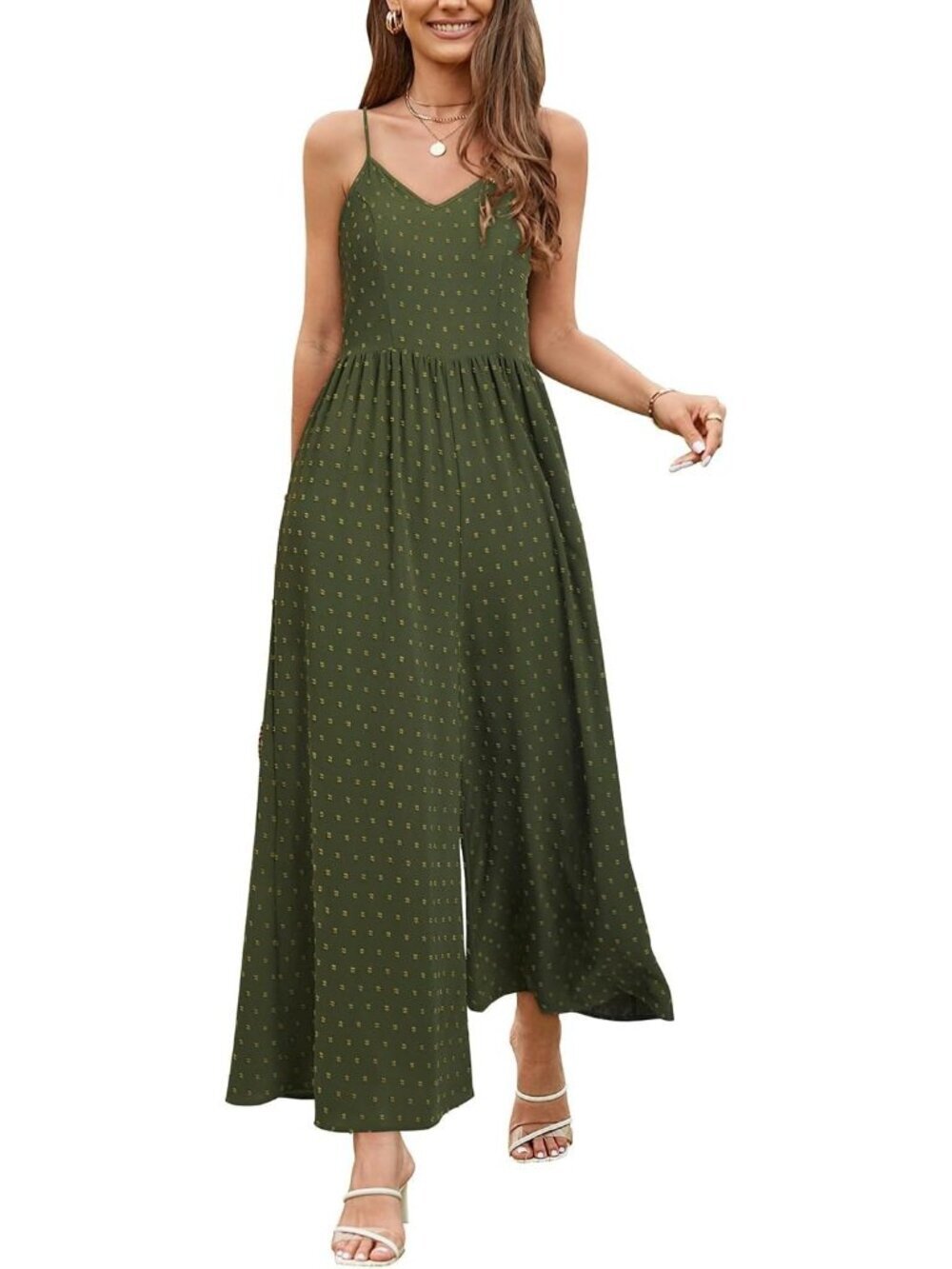 Women's Summer Floral Army Green Spaghetti Strap Smocked Long Romper with Pocket